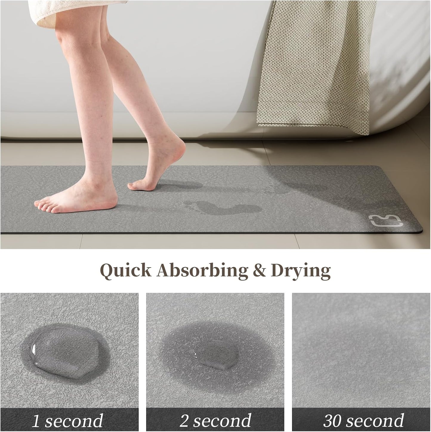 Bath Mat Rugs Quick Dry Super Absorbent Diatomaceous Earth Bath Mat Non Slip Rubber Bottom Thin Bathroom Mat Fit Under Door, Floor Rugs in Front of Bathtub,Shower Room,Sink, 17 x 32, Grey