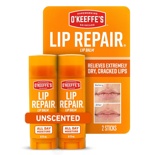 O'Keeffe's Lip Repair Unscented Lip Balm for Dry, Cracked Lips - Stick (Twin Pack) - Moisturizer for Very Dry Lips