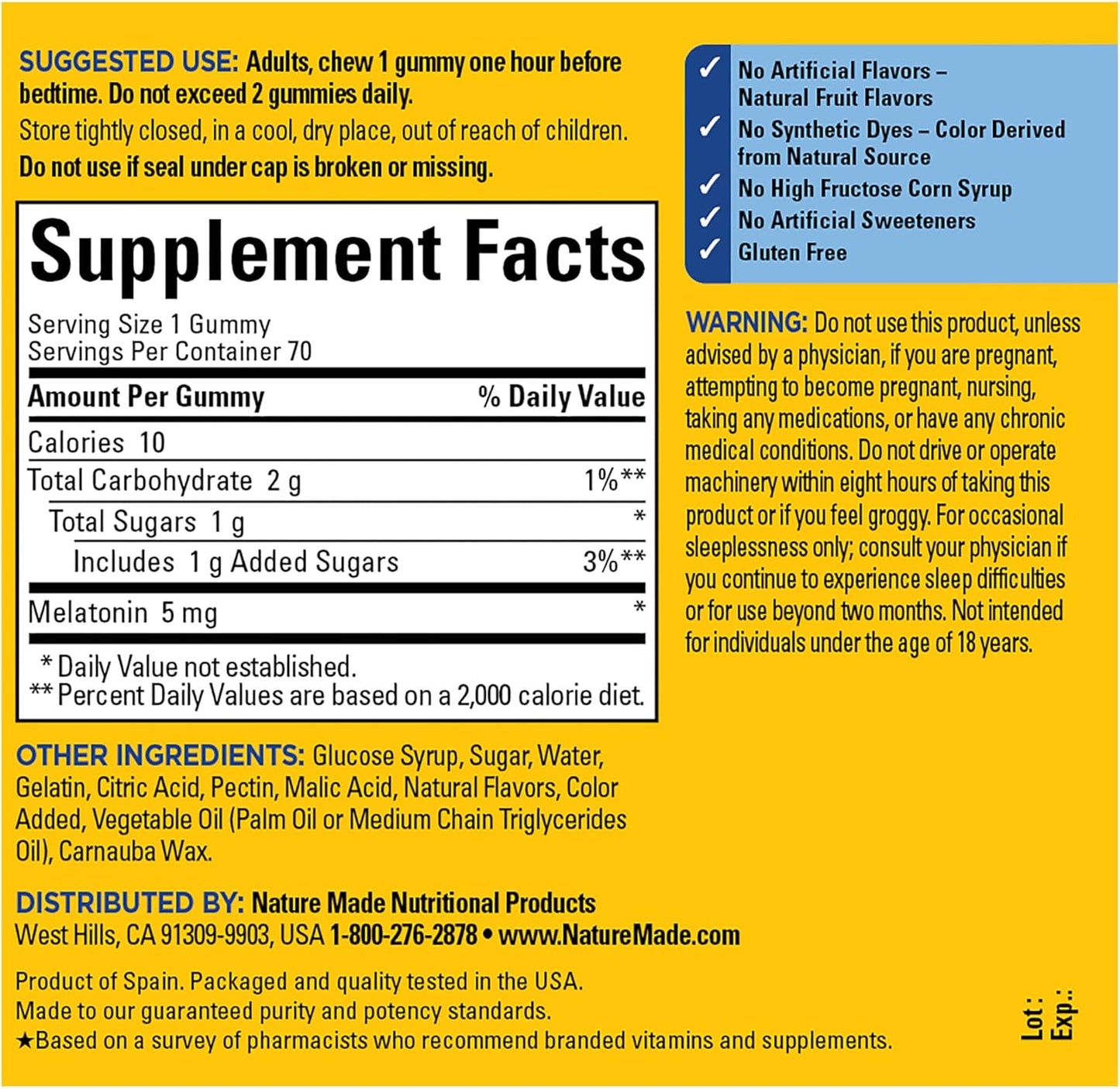 Nature Made Melatonin 5mg Adult Melatonin Gummies, 100% Drug Free Sleep Aid, 70 Gummies, Extra Strength