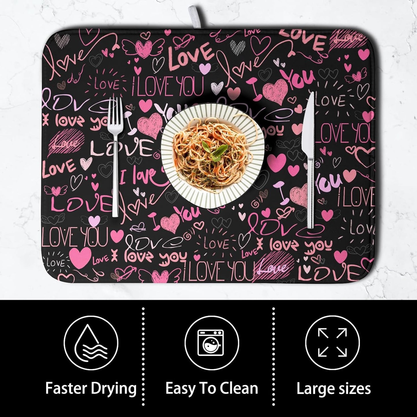 Mother's Day Dish Drying Mat for Kitchen Counter Love Heart Black Drying Mats Absorbent Reversible Microfiber Dish Pad Washable Dish Draining Mat Extra Large 18x24 Inch