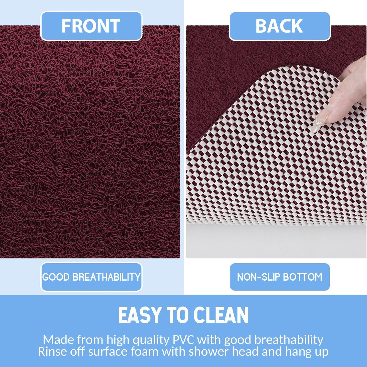 Non-Slip Bathtub Mat, Anti Slip Shower Mat, Fast Drying Bathtub Mats, Foot Scrubber Mat, Anti Slip Mat for Tub, Floor, Bathroom, Kitchen, Home, Hotel (Wine Red 24"×24")