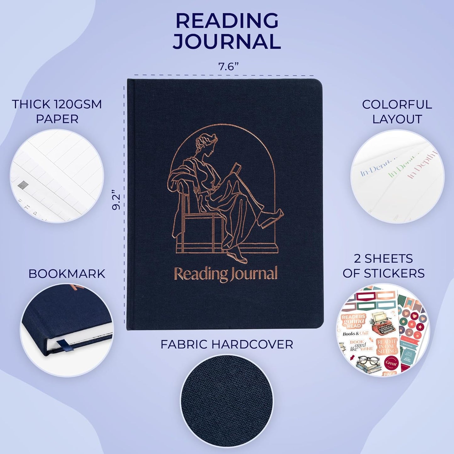 Skyline Reading Journal – Book Review Log & Tracker for Reading Tracking – Accessories & Gift for Book Lover, 7.6x9.2” (Navy Blue Gold Foil)