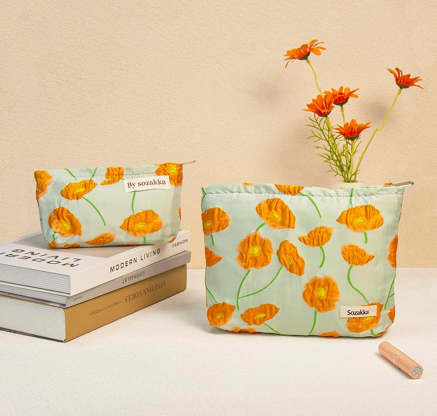 2 Pcs Makeup Bags, Large Cosmetic Bag Travel Toiletry Bag Organizer for Women, Embroidery Craft, Floral Makeup Bag Small Cosmetic Pouch Purse with Zipper Gifts for Girls Teen