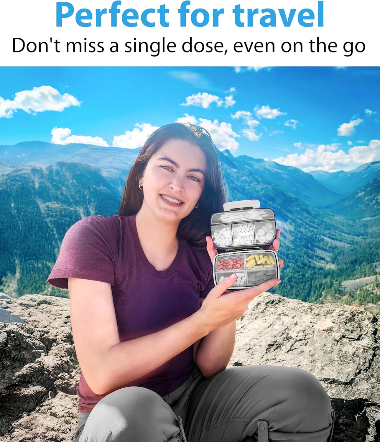 Travel Pill Organizer - Airtight Medicine Case for Traveling Portable Pharmacy Box with Labels Vitamin Container 8 Compartment Supplement Medication Holder Large Capacity Daily (Black)