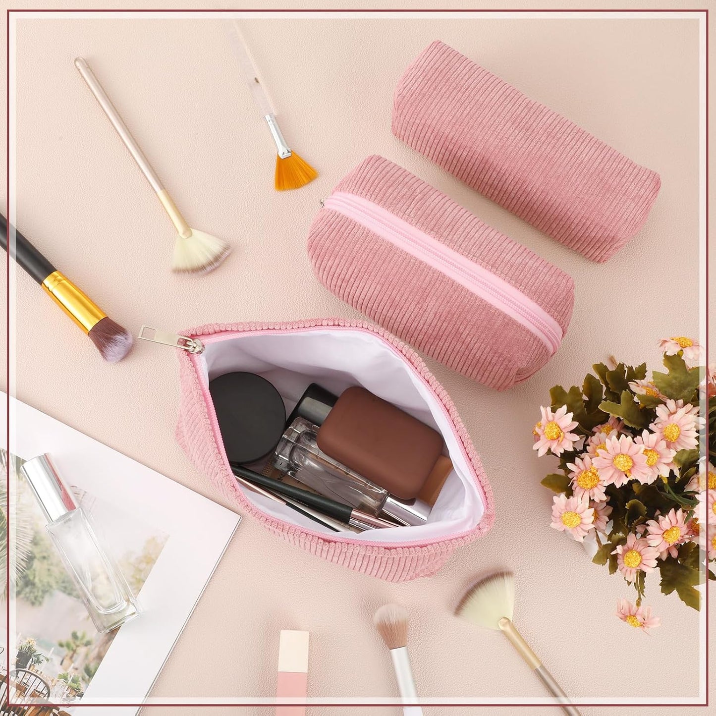 3 Pcs Makeup Bag Set for Women Corduroy Cosmetic Pouch Aesthetic Smile Travel Toiletry Bag Cute Purse Pouch Pencil Case Makeup Brushes Storage Organizer for Christmas(Pink,Solid Style)
