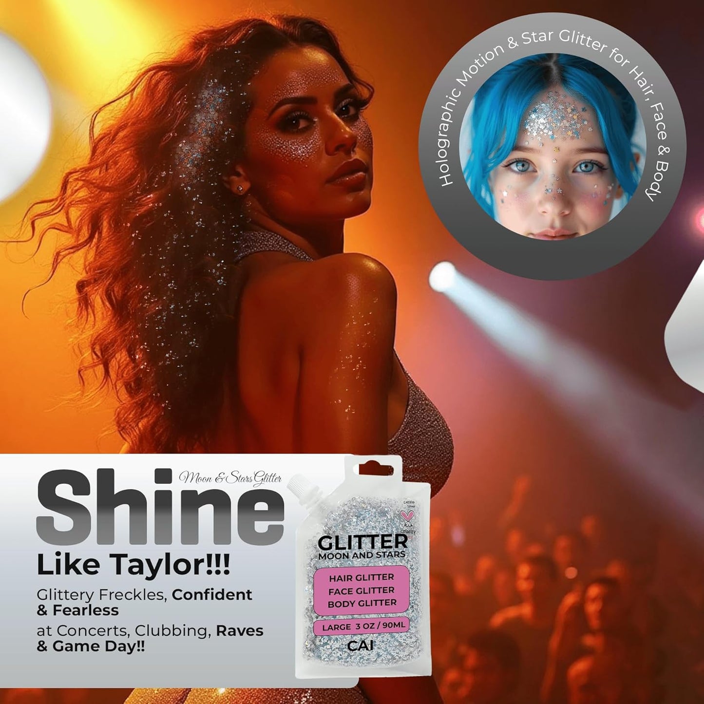 Face, Body & Hair Glitter Gel – Halloween Glitter for Kids and Women – 3 Oz Cosmetic-Grade Gel w/Moon & Stars for Festivals & Halloween Party, Easy Apply & Wash Off - Red 2Pack