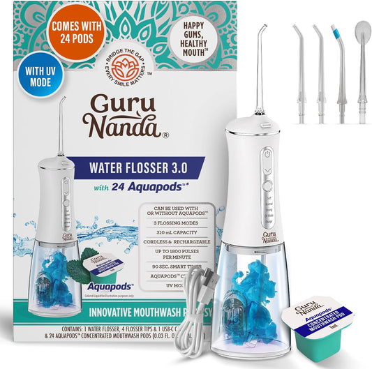 GuruNanda Advanced Dental Water Flosser 3.0 with UV Mode Water Flosser & 24 Aquapods with Mouthwash for Fresh Breath & Plaque Removal, Compact & TSA-Approved