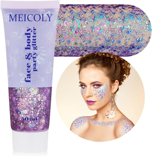 MEICOLY Chameleon Purple Face Body Glitter,Mardi Gras Outfit for Women,Mardi Gras Accessories,Chunky Glitter Face Paint,Color Changing Mermaid Face Glitter,Festival Glitter Makeup for Face Body Hair