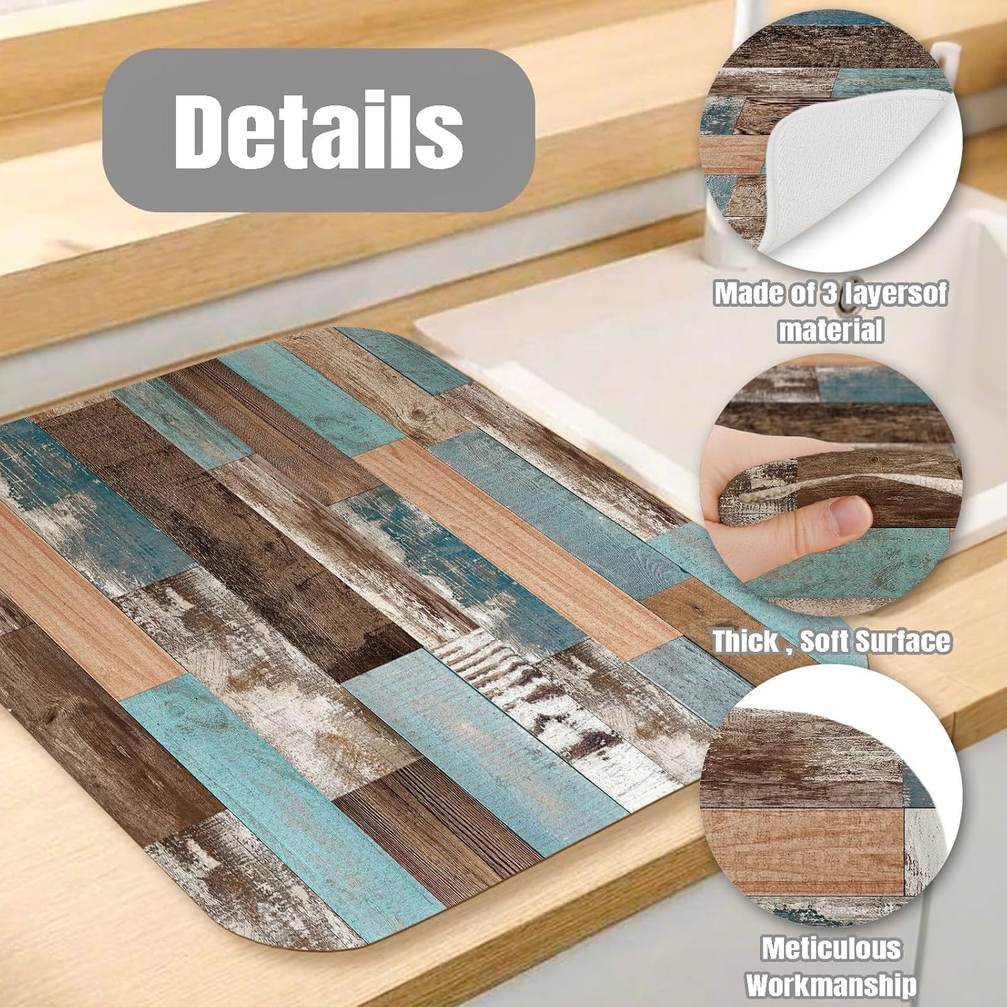 Dish Drying Mat for Kitchen Counter Large 18" x 24" Farmhouse Rustic Wood Absorbent Microfiber Dishes Drainer Rack Mats Pad Reusable Washable