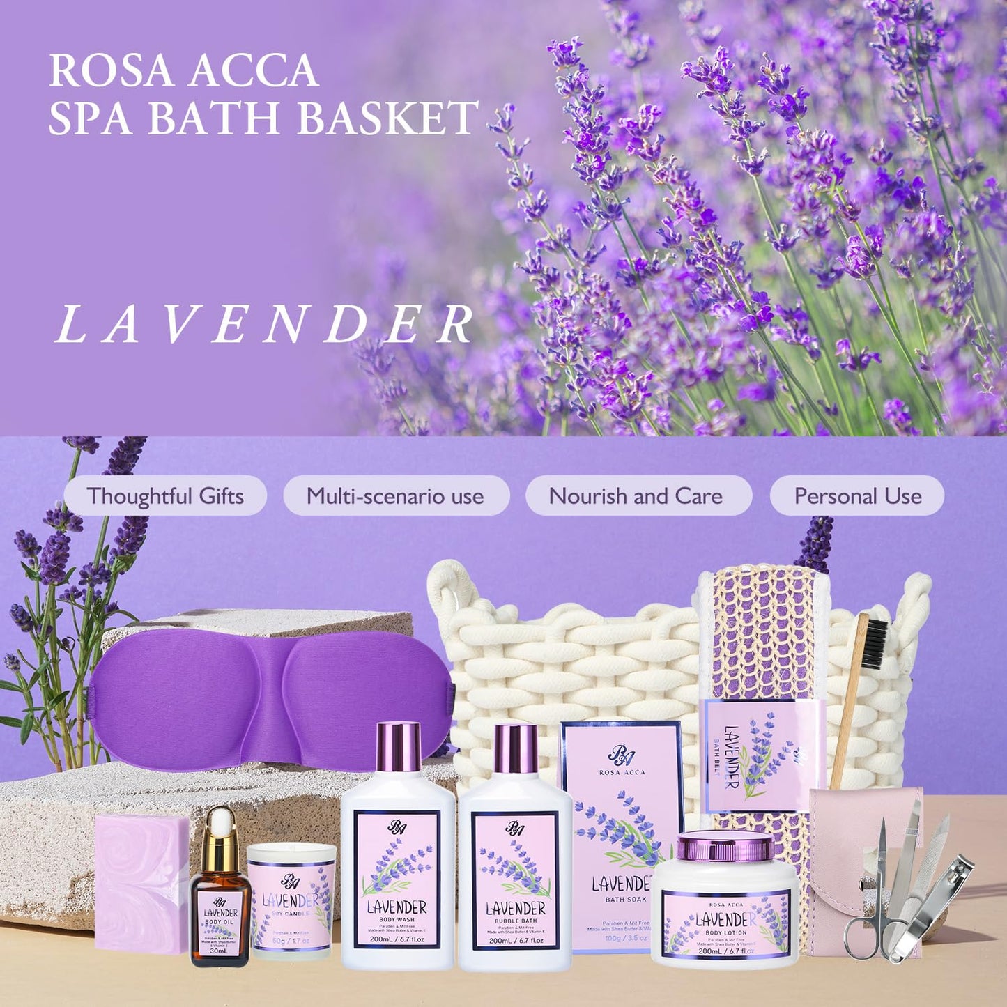 Bath and Body Gift For Women and Men - Lavender Home Spa Gift Set,Mug,Shower Gel,Bubble Bath,Lotion,Bath Bombs,Eye Mask,Manucure Set, Bath Belt, Body Oil,Bath Soak,Lip Balm,Soy Candle For Daily Use