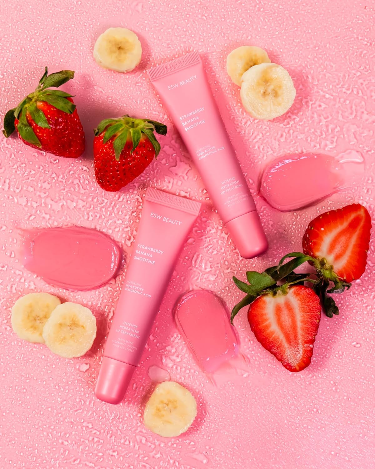 ESW Beauty Strawberry Banana Smoothie Lip Treatment - Soft Pink Nude Tint with Shea Butter, Hyaluronic Acid, Strawberry & Banana for Intense Hydration & Dryness Prevention