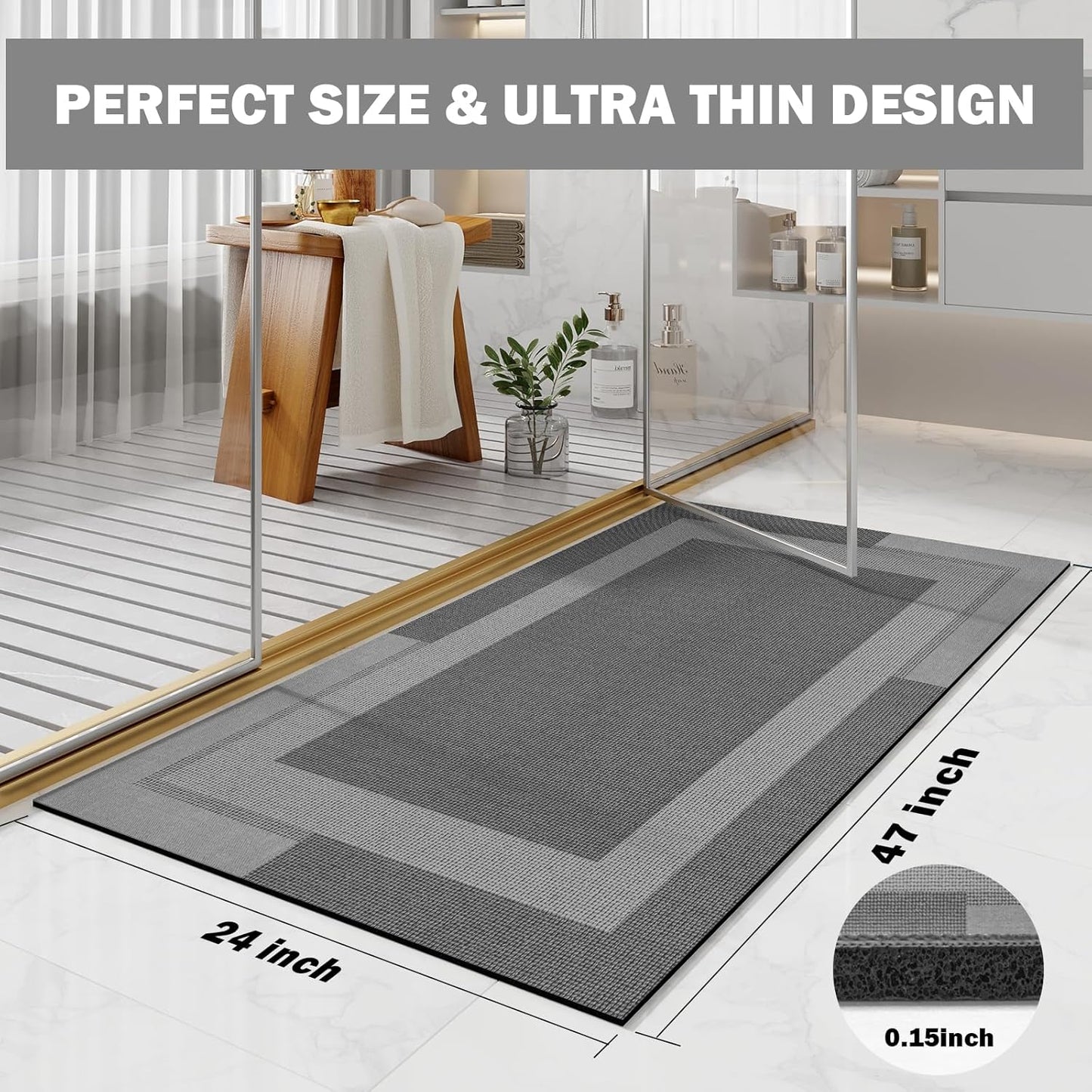 Non Slip Long Bath Mat Bathroom Runner, Rubber Backing Ultra Thin Bathroom Rugs Fit Under Door Quick Dry Super Absorbent Washable Bath Rug Shower Mat for Bathtub Sink Floor, Dark Grey 24"x48"
