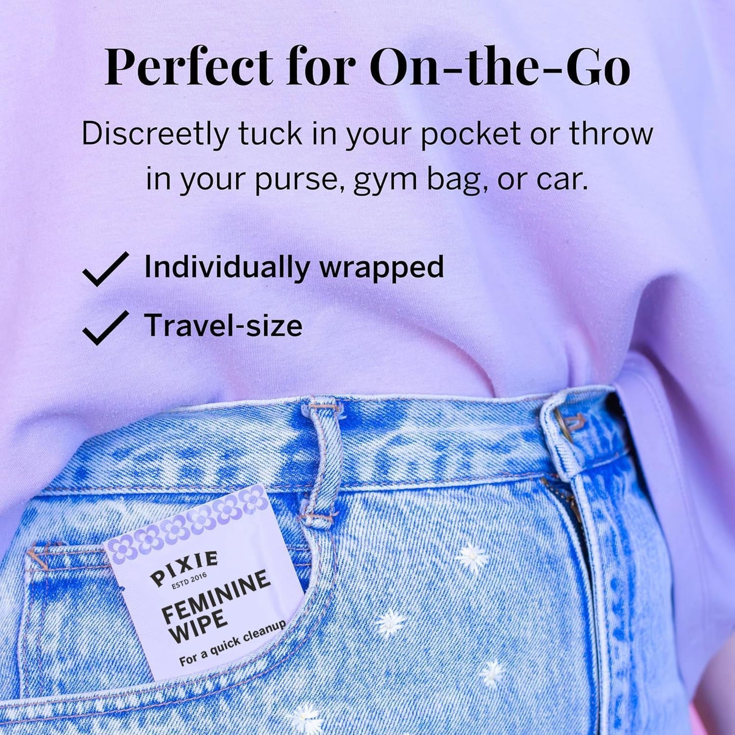 Pixie Feminine Wipes - Flushable, Biodegradable, & Ph Balanced - Best Individually Wrapped Packet Wipes for On The Go & Public Bathrooms - Wash, & Cleaner For Your Menstrual Cups & Discs (10 Count)