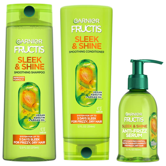 Garnier Fructis Sleek & Shine Shampoo, Conditioner + Anti-Frizz Serum Set for Frizzy, Dry Hair, Argan Oil (3 Items), 1 Kit (Packaging May Vary)