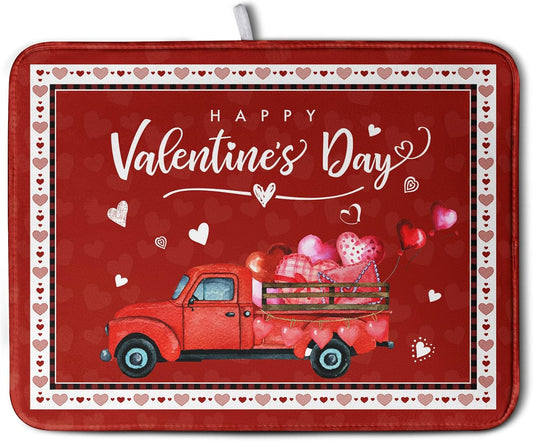 Happy Valentine's Day Dish Drying Mat for Kitchen Red Love Heart Truck Plaid Drying Mats Super Absorbent Dishes Drainer Pad Reversible Microfiber Dish Drying Rack Mat for Kitchen Counter 18x24 Inch