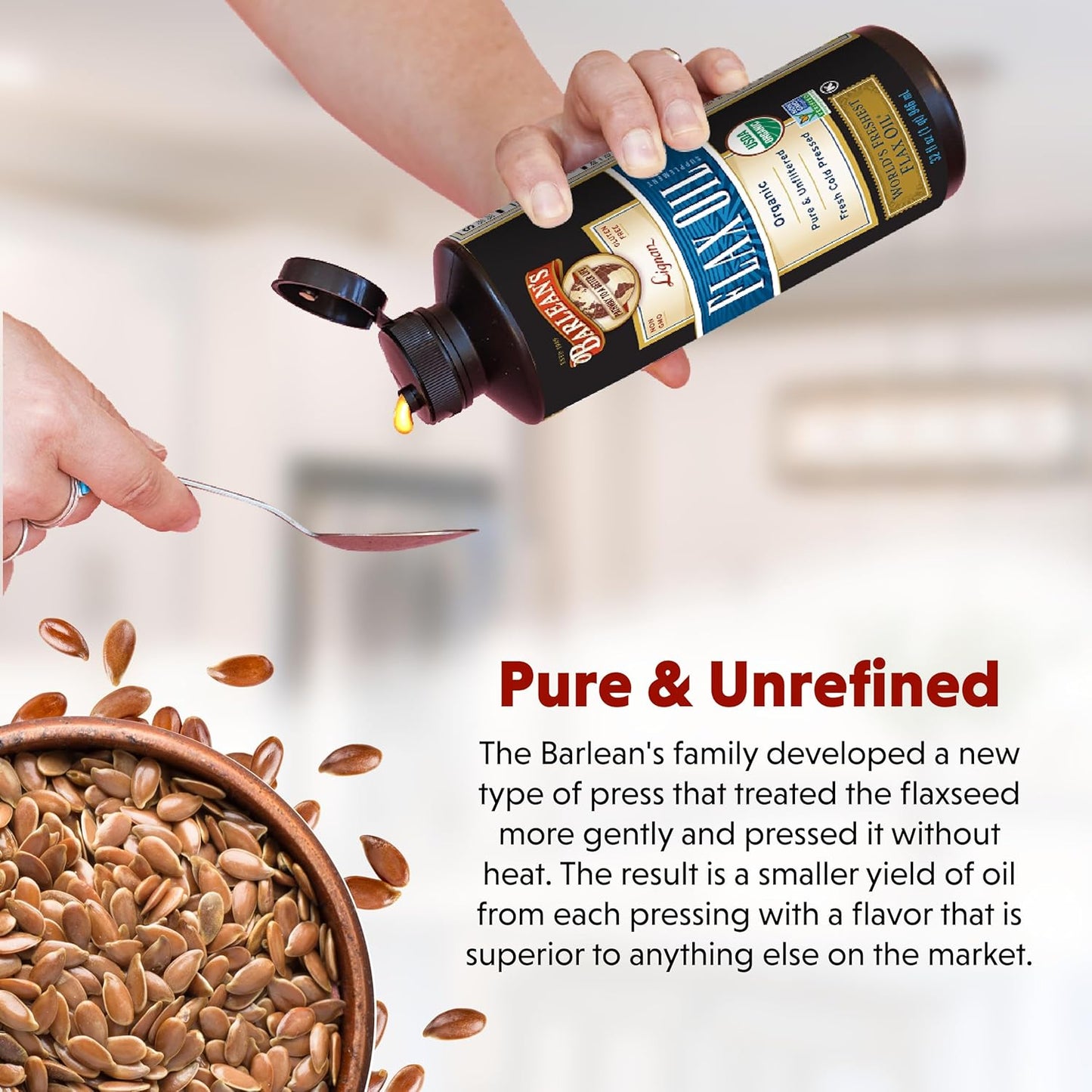 Barlean's Organic Lignan Flaxseed Oil Liquid Supplement from Cold Pressed Flax Seeds, 7,230 mg ALA Omega-3 Fatty Acids for Skin and Hair Care, Vegan & Gluten Free, 8 oz