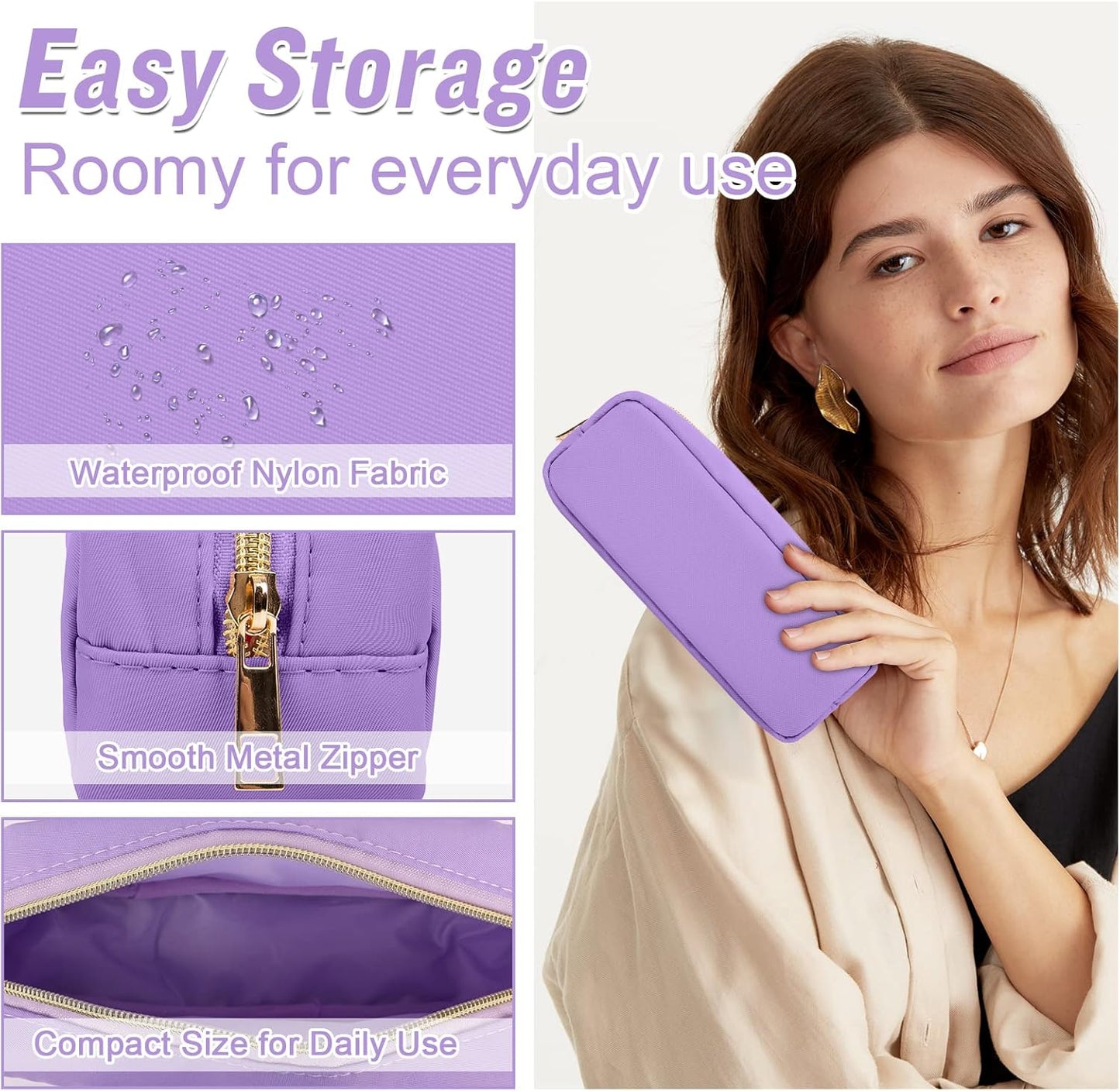 izuzta Nylon Small Makeup Bag Slim Pouch, Preppy Cute Makeup Brush Case Bag Cosmetic Zipper Pouch for Purse, Waterproof Travel Toiletry Bag Clutch Coin Pouch Makeup Organizer for Women Girls(Purple)