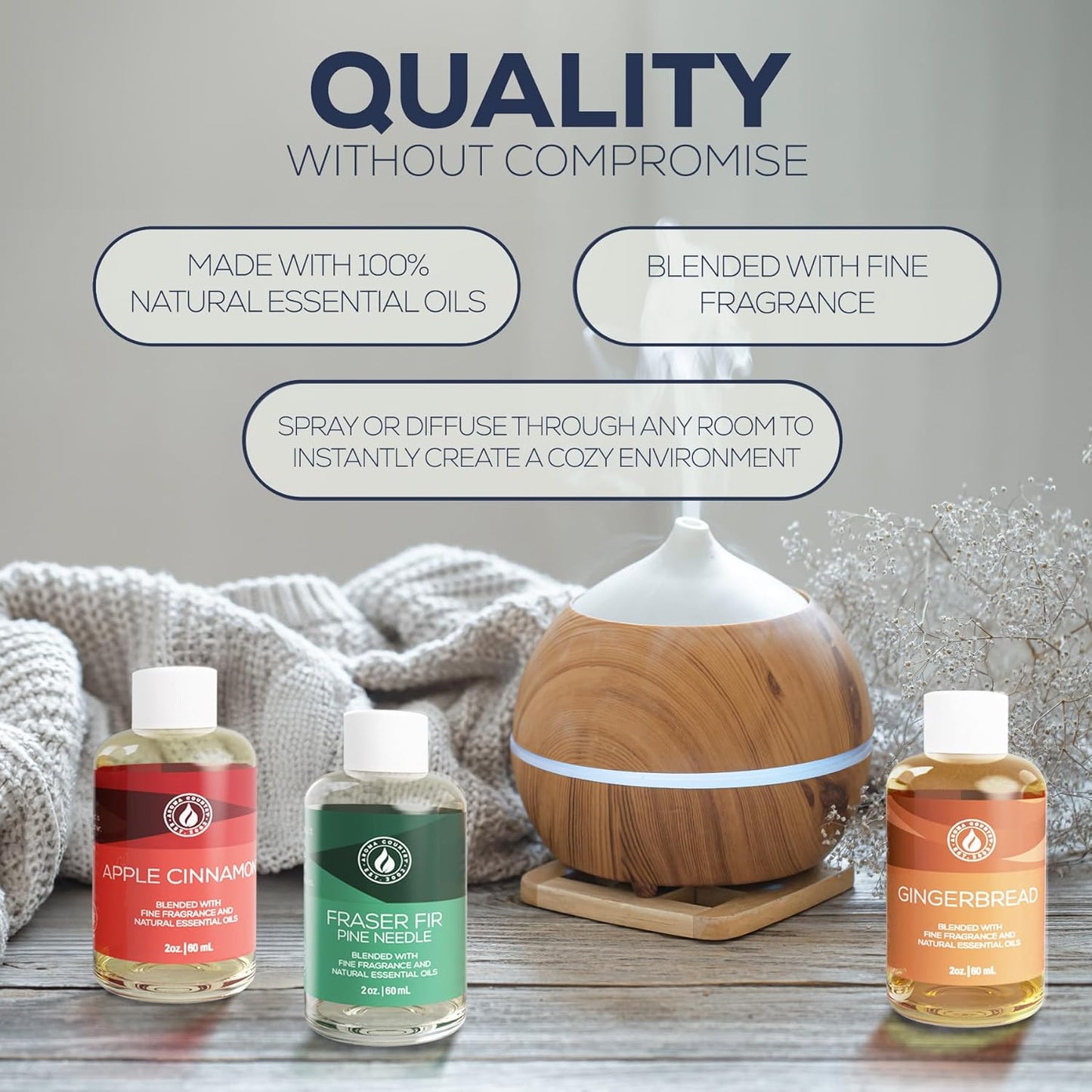 Aroma Country Winter Scent Gift Set – Essential Oils for Diffusers, Reed Diffusers & Oil Warmers | Apple Cinnamon, Fraser Fir, & Gingerbread Scents | Perfect for Home Fragrance