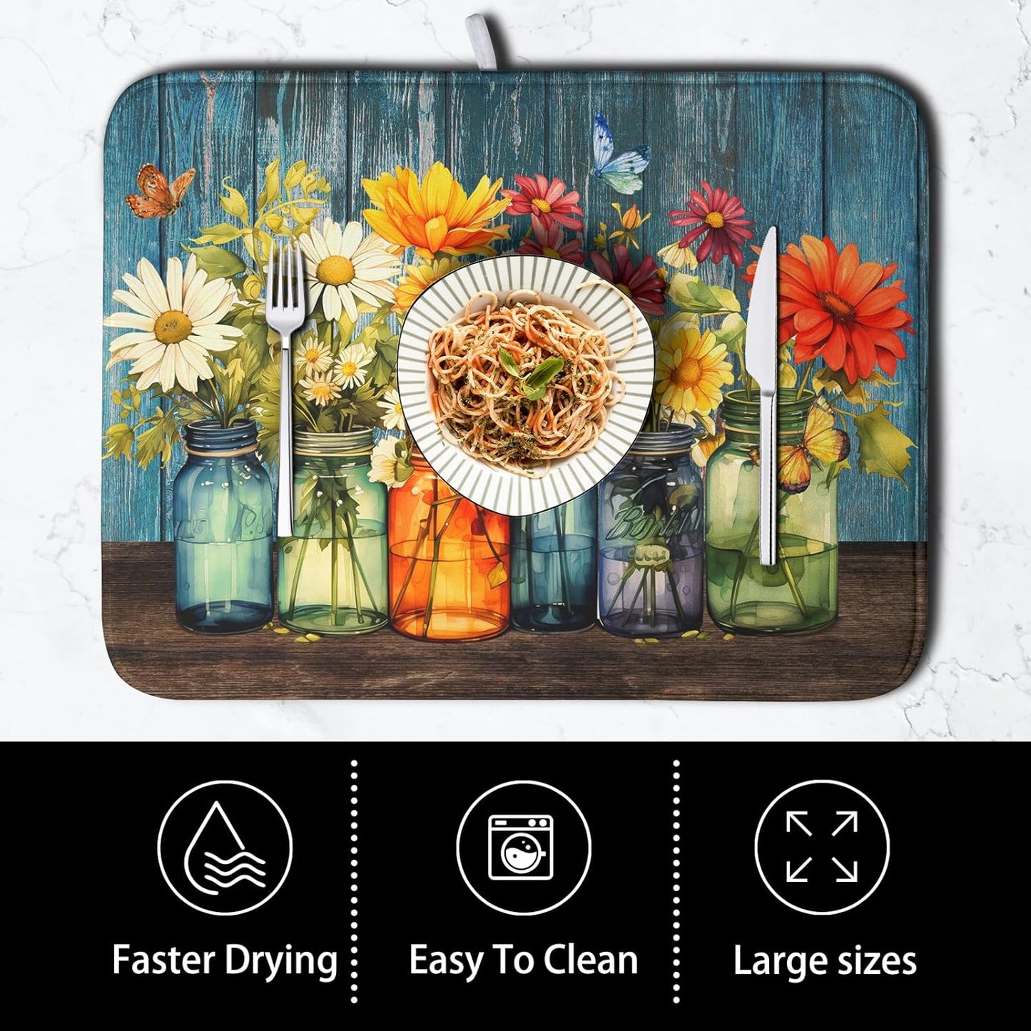 Daisy Dish Drying Mat for Kitchen Counter 16x18 Inch Rustic Vintage Flower Vases Drying Mats Microfiber Absorbent Dishes Drainer Mats Farmhouse Floral Wooden Board Dish Rack Pad