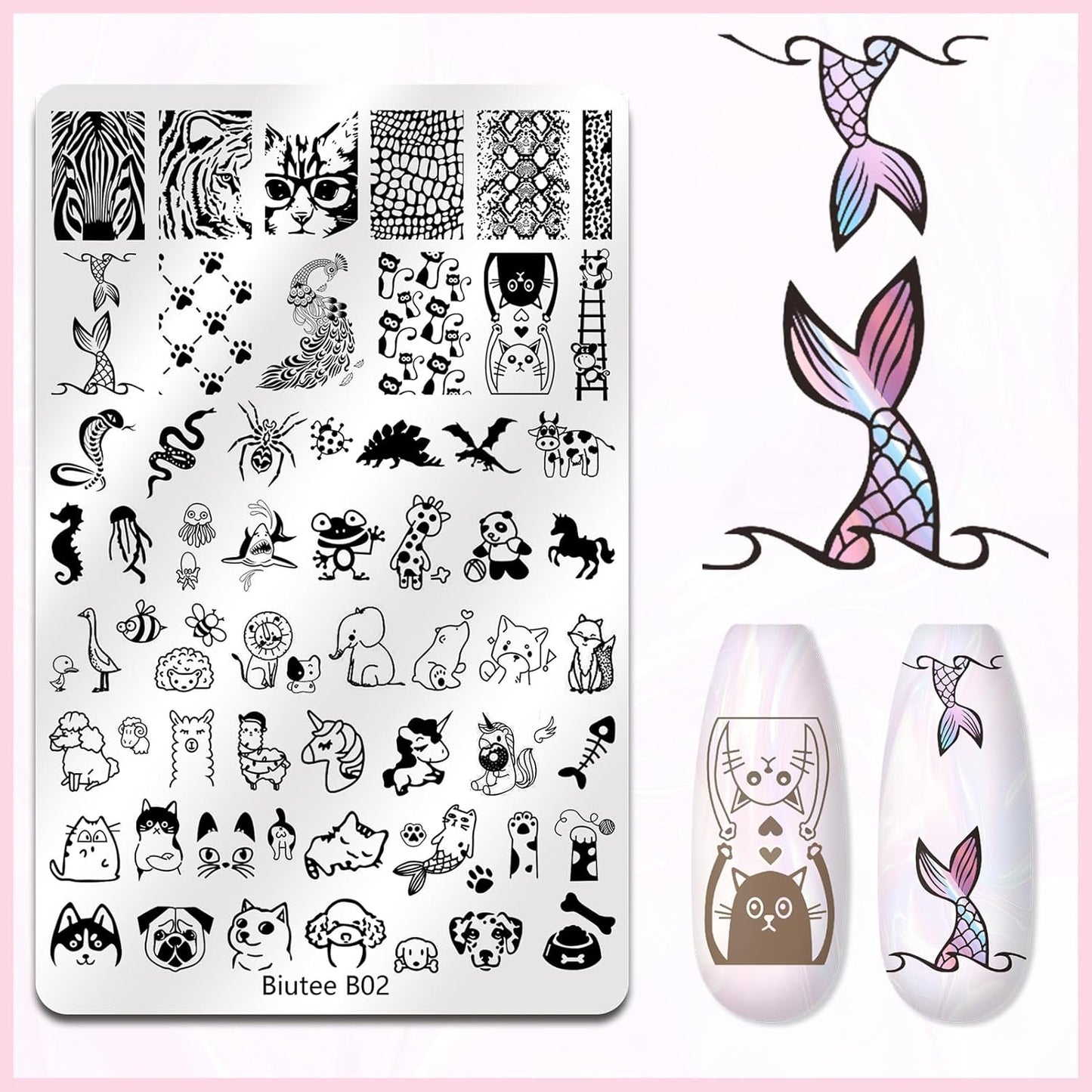 Biutee 4PCS Nail Stamping Plates Set, Includes Nail Art Stamper & Scraper - French Line Lace, Space, Animal, Flower, Leaf Designs - Large Nail Art Stencils Templates for DIY Manicure