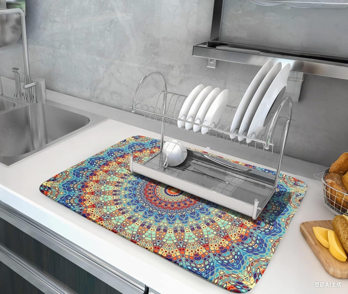 Bohemian Mandala Dish Drying Mat for Kitchen Counter Boho Microfiber Dish Drying Mats 18 x 24 Inch with High Absorbent Reversible Microfiber Dish Drying Pad Rack Mat for Coffee Bar