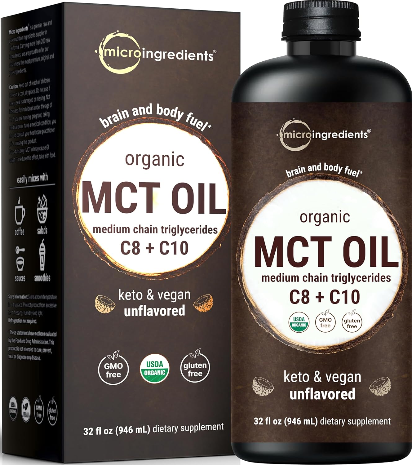 MCT Oil Organic, 32 fl oz |100% Virgin Coconut with C8 + C10 Fatty Acids | Natural Fuel for Brain Energy & Ketone Production | Great for Coffee or Dressings | Unflavored, Keto, Vegan