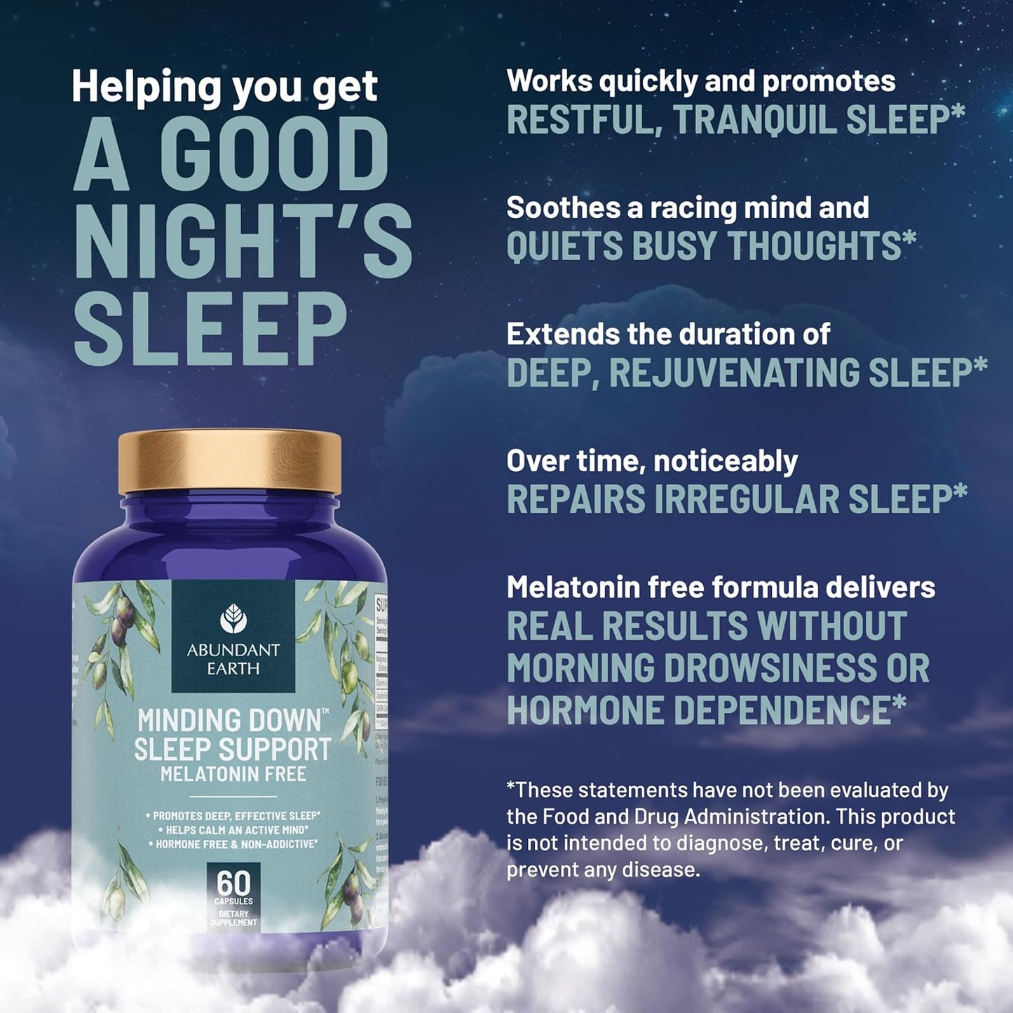 Natural Sleep Aid for Adults Minding Down Sleep Support Supplement Max Strength Deep Sleep Supplement Without Melatonin to Calm & Restore The Sleeping Cycle + Magnesium, GABA 60ct