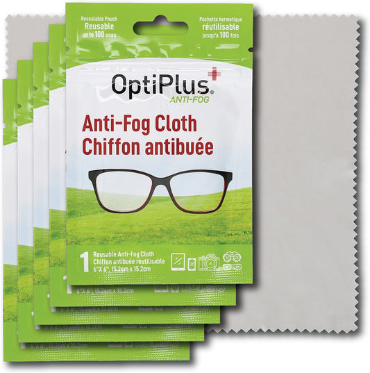 OptiPlus Anti Fog Cloth for Eyeglasses, Goggles, and Shields | Premium Reusable Anti-Fog Treatment | 5 Cloths 500 uses | Anti-Fog for All Lenses - 5 Pack