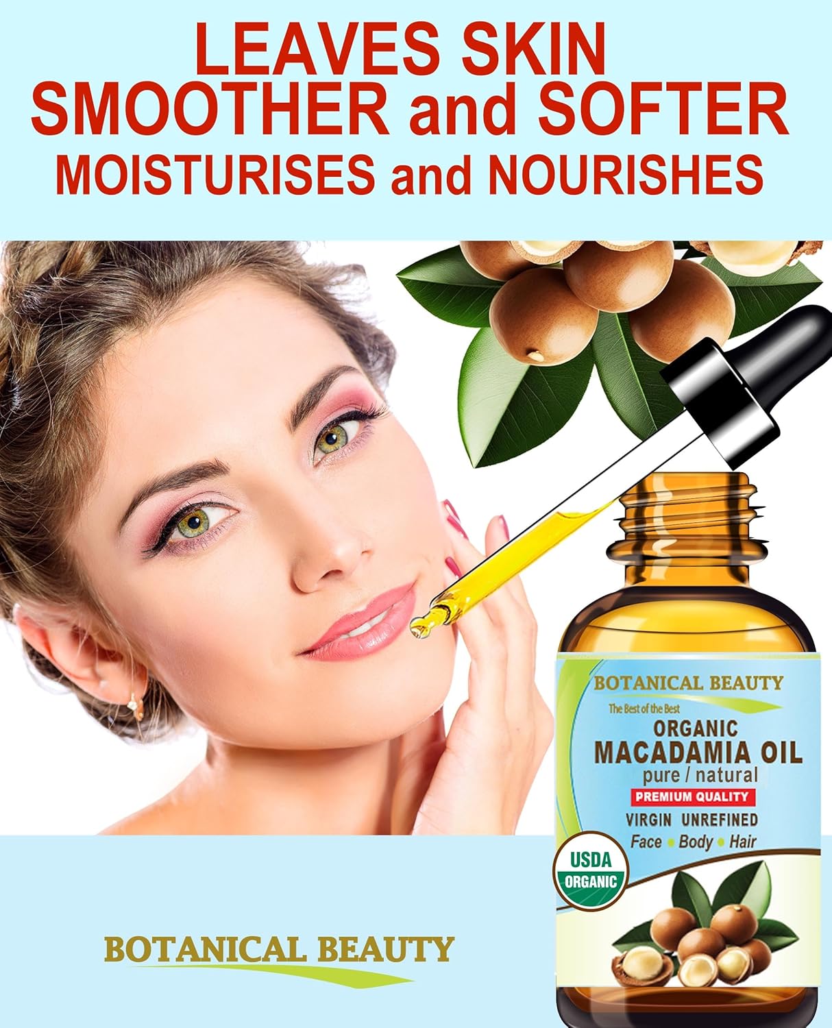 Botanical Beauty Organic MACADAMIA OIL 100% Pure Natural VIRGIN UNREFINED Cold-Pressed Carrier Oil for Face, Skin, Body, Hair, Lip, Nails. Rich in Vitamin E (2 Fl Oz)