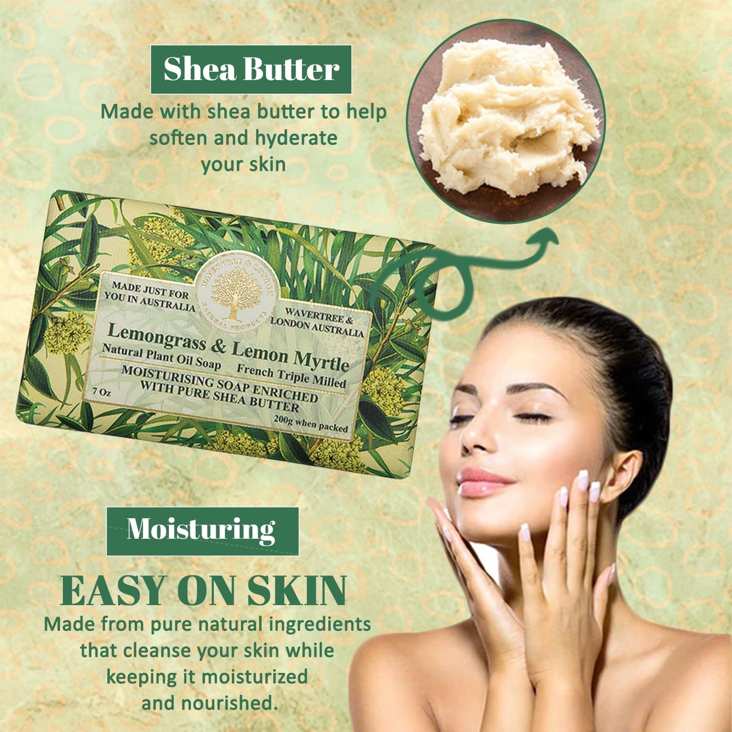 Wavertree & London Lemongrass & Lemon Myrtle Scented Natural Soap (8 Bars), 7oz Moisturizing French Triple Milled Soap Bars enriched with shea butter - Plant Oil Bath & Body Bars for All Skin Types