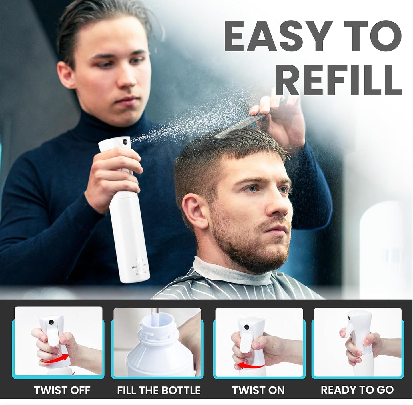 Hula Home Spray Bottle for Hair (10.1oz/300ml) - Powered by Flairosol® Spray Technology - Continuous Ultra Fine Mist Sprayer – For Hairstyling, Cleaning, Salons, Plants, Essential Oil - All White