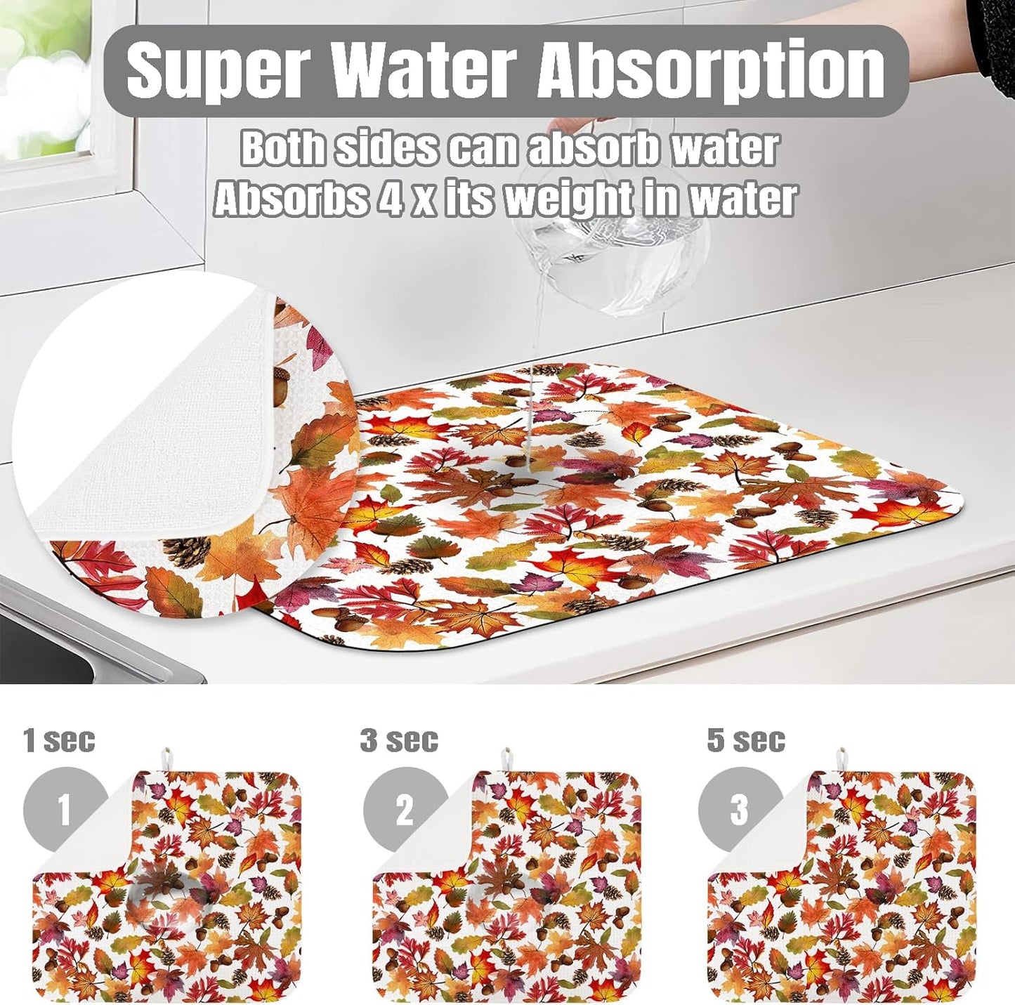 Dish Drying Mat for Kitchen Counter Large 16" x 18" Fall Leaves Absorbent Microfiber Dishes Drainer Rack Mats Pad Reusable Washable