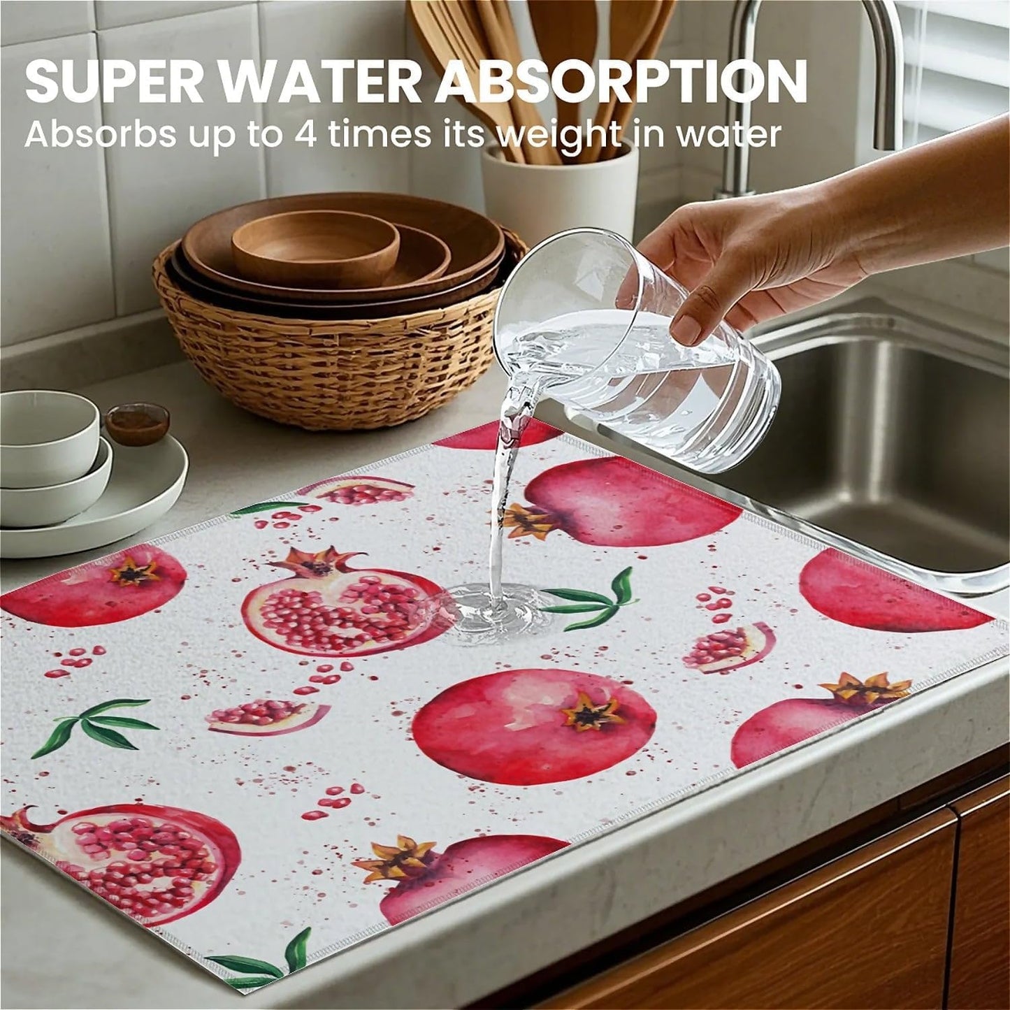 Dish Drying Mat For Kitchen Counter, Red Pomegranate Microfiber Absorbent Dish Drainer Rack Pad Reusable Large 18x24in Drying Mat