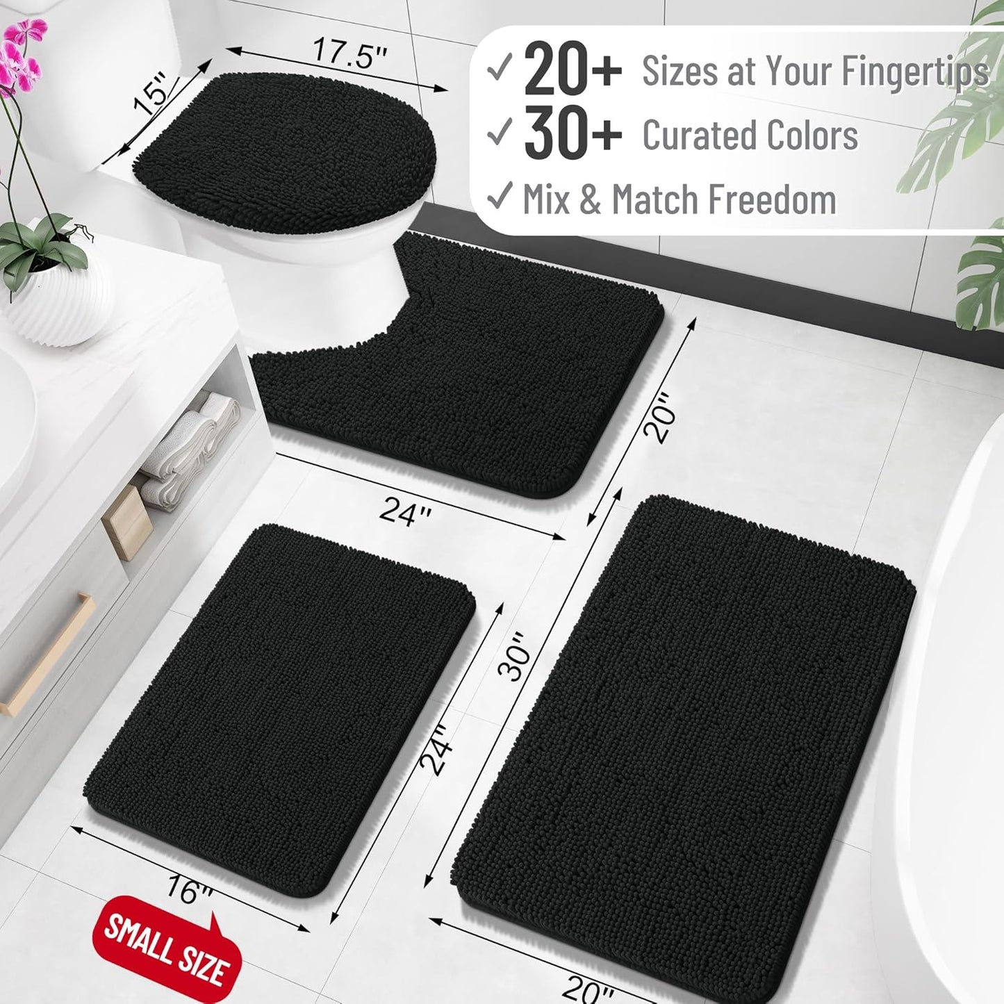 OLANLY Bathroom Rugs 24x16, Extra Soft Absorbent Chenille Bath Rugs, Rubber Backing Quick Dry, Machine Washable Bath Mats for Bathroom Floor, Tub and Shower, Home Decor Accessories, Black