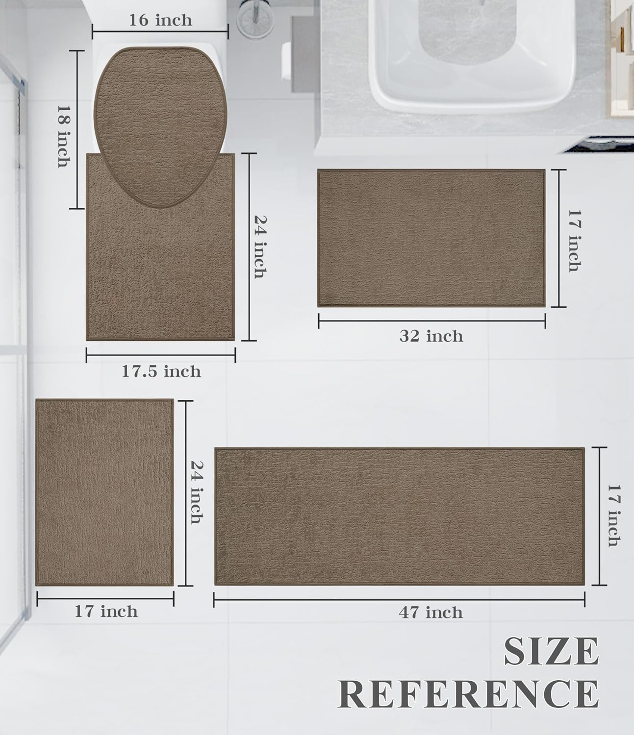 chakme Bathroom Rug Sets 5 Piece, Ultra Thin Bath Mat Quick Dry Bath Mat Set, Absorbent Bath Mat for Bathroom Non Slip Machine Washable, (Coffee, 5 Piece)