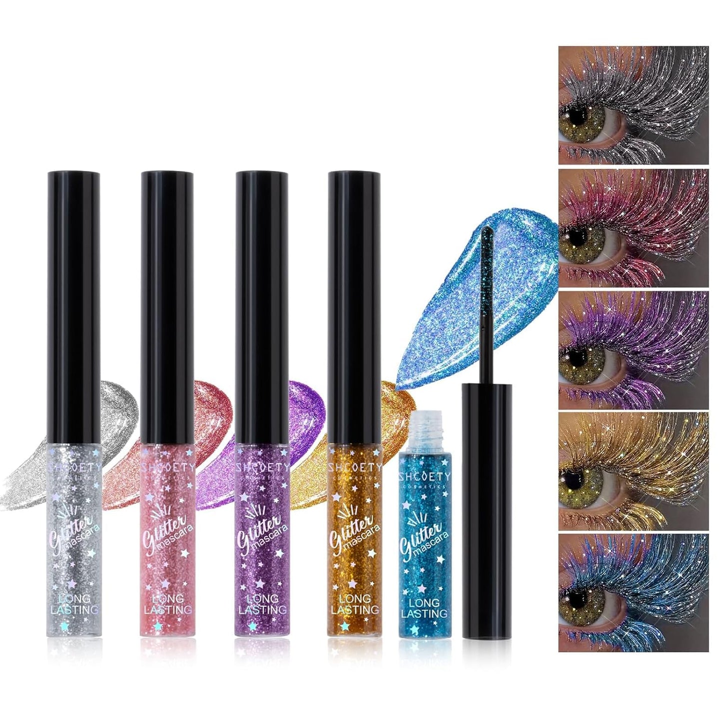 Glitter Colored Mascara, 5 Colors Diamond Effect Sparkle Mascara Set, Waterproof, Long Lasting Smudgeproof Voluminous Curling Colorful Eyelashes Party Wedding Music Festival Eyes Makeup
