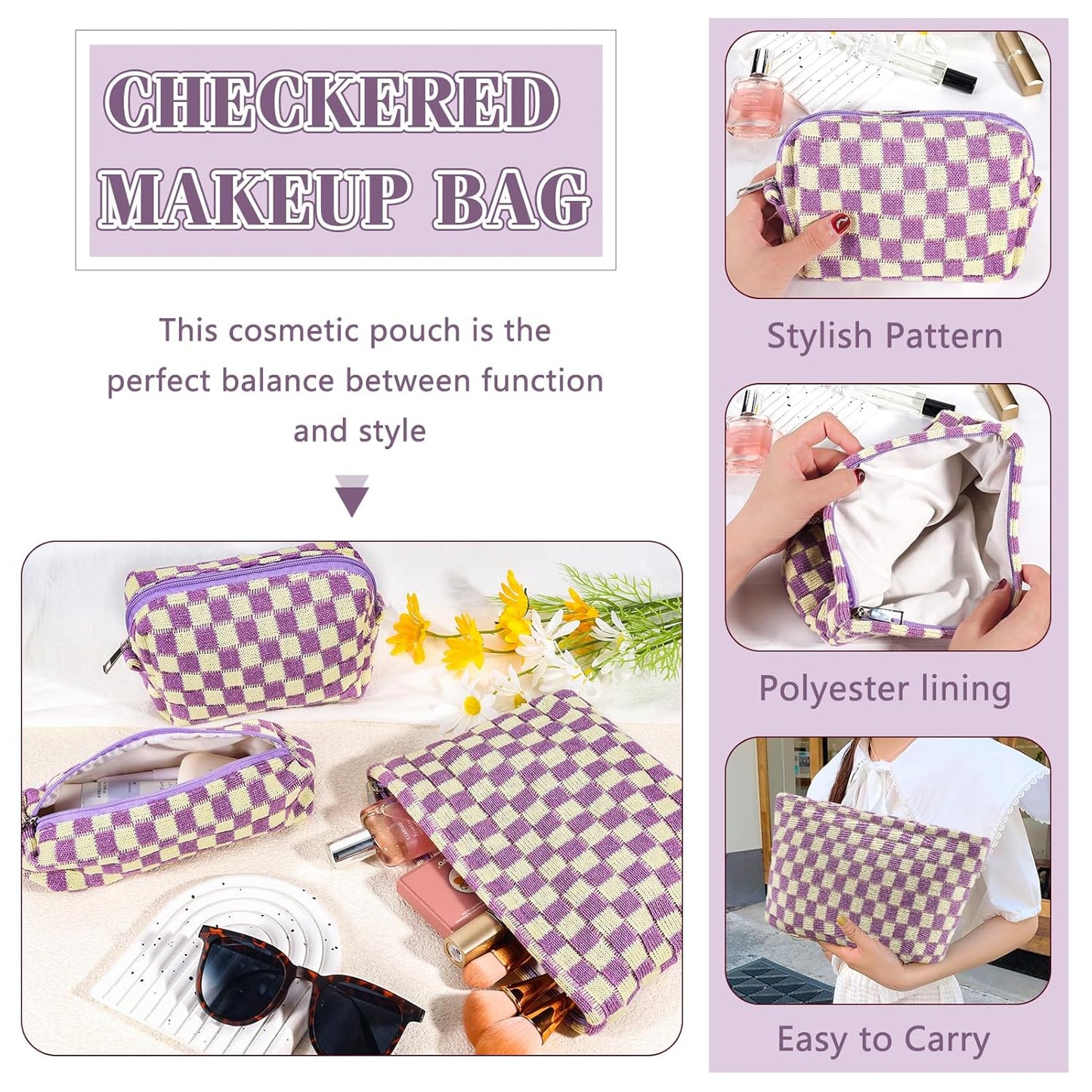ZLFSRQ 3Pcs Checkered Makeup Bag for Women Large Small Checkered Cosmetic Bag Set Aesthetic Preppy Pencil Case Cute Pencil Pouch Purple Makeup Pouch for Purse Travel Toiletry Bags Zipper Skincare Bags