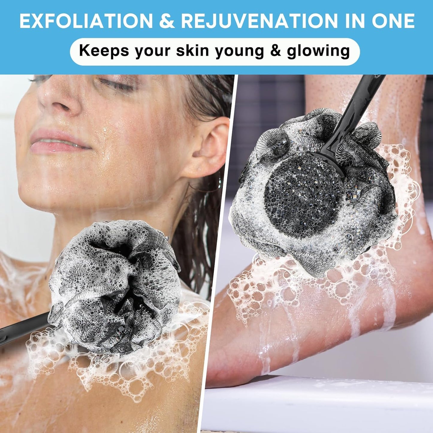Loofah with Handle & Shower Brush Charcoal 2 Pack- Back Scrubber for Shower for Men & Women, Body Brush Ideal for Exfoliation, Back Loofah for Shower with Bath Brush, Long Handle for Shower Back Brush