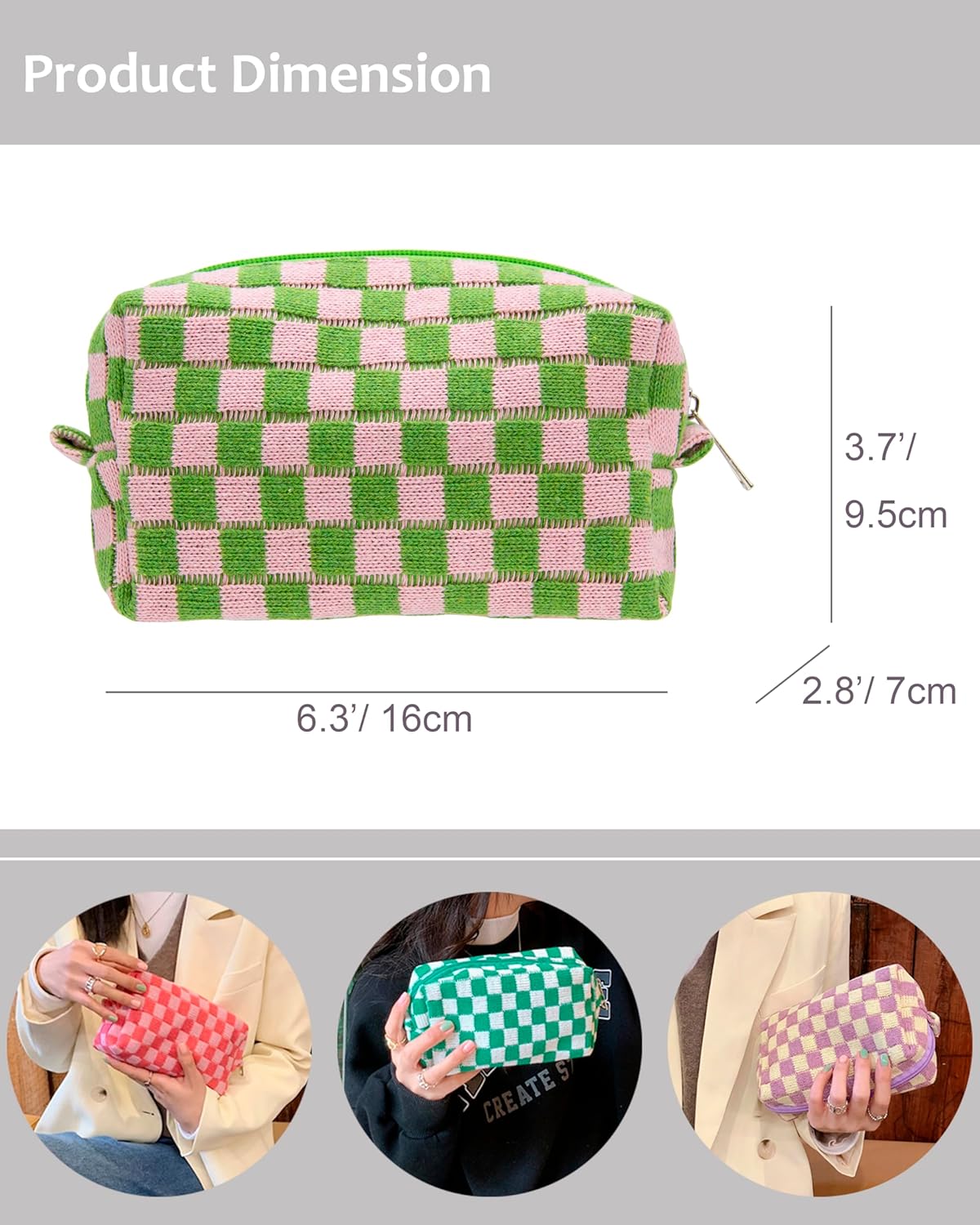 PAZIMIIK Checkered Makeup Bag for Purse Portable Zipper Make Up Pouch Small Cosmetic Case for Travel Accessories Pink Green