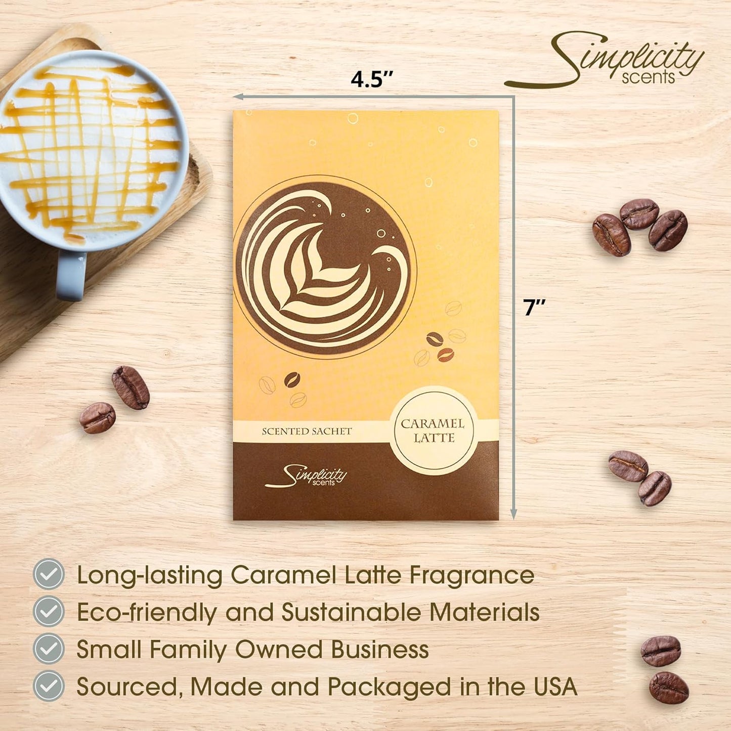 Floral Simplicity Caramel Latte Scented Sachets Pack of 6, Fall & Winter - Long-Lasting Scented Bags, Home Fragrance, Air Freshener & Deodorizer for Closet, Room, Drawer, or Cars, Made in The USA