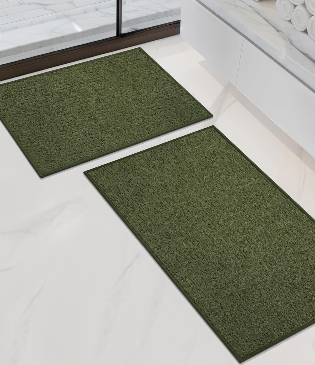 chakme Bathroom Rug Sets 2 Piece, Ultra Thin Bath Mat Quick Dry Bath Mat Set, Absorbent Bath Mat for Bathroom Non Slip Machine Washable, (Dark Green, 2 Piece)