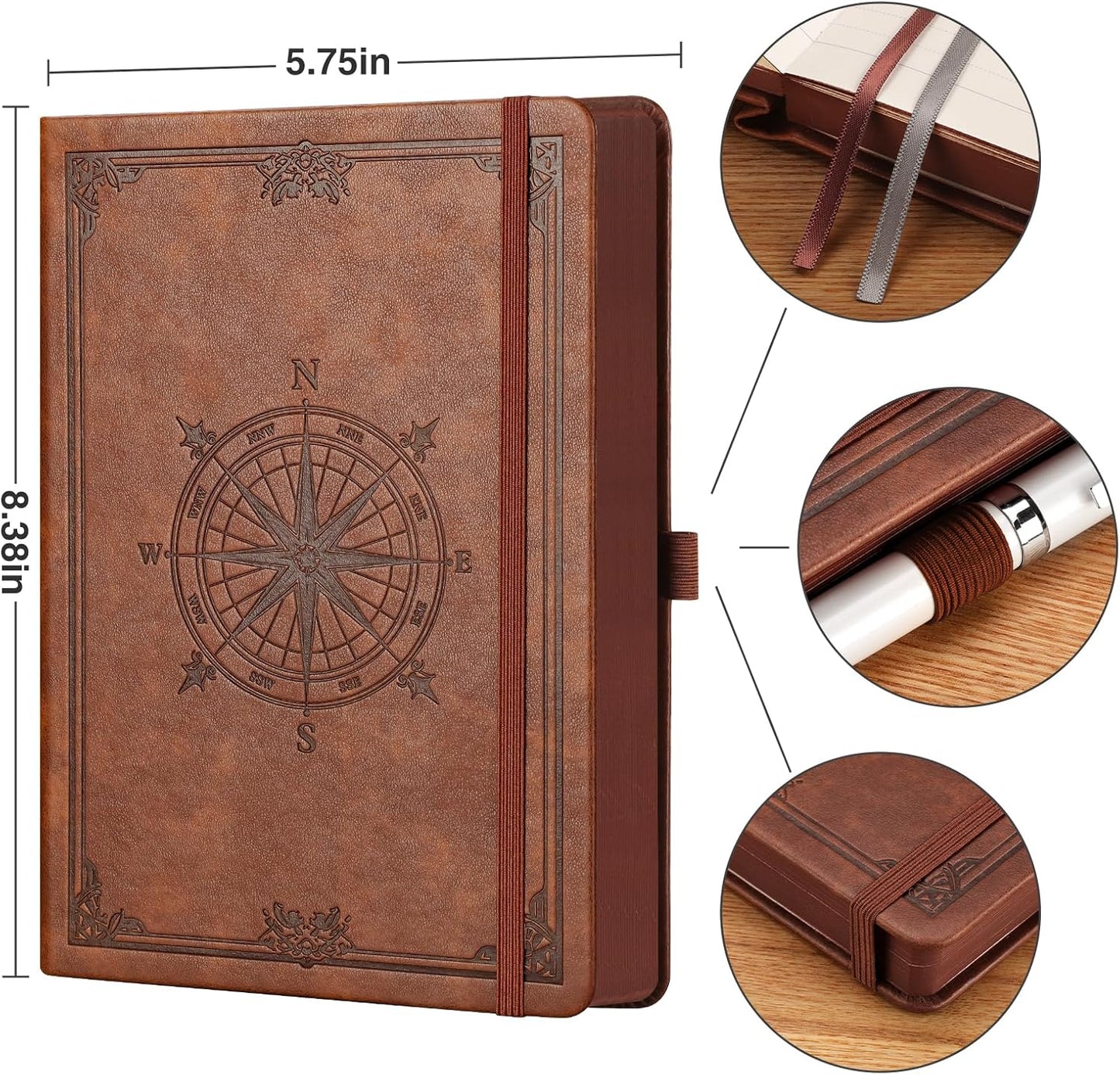 AHGXG Thick Journal Lined Notebook for Men - 320 Numbered Pages A5 College Ruled Notebook for Writing, 100gsm Paper, Vintage Leather Hardcover, for Women Work Office School, 5.75'' X 8.38''- Brown
