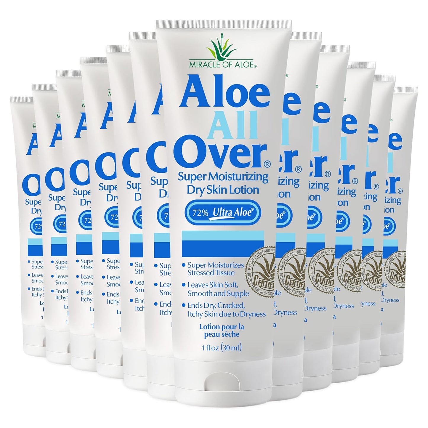 Miracle of Aloe Aloe All Over Super Moisturizing Dry Skin Lotion (12-Pack, 1 oz) - Made with 72% UltraAloe Aloe Vera Gel. Safe for Everyone: Men, Women, Kids. Restores Dry Skin Fast