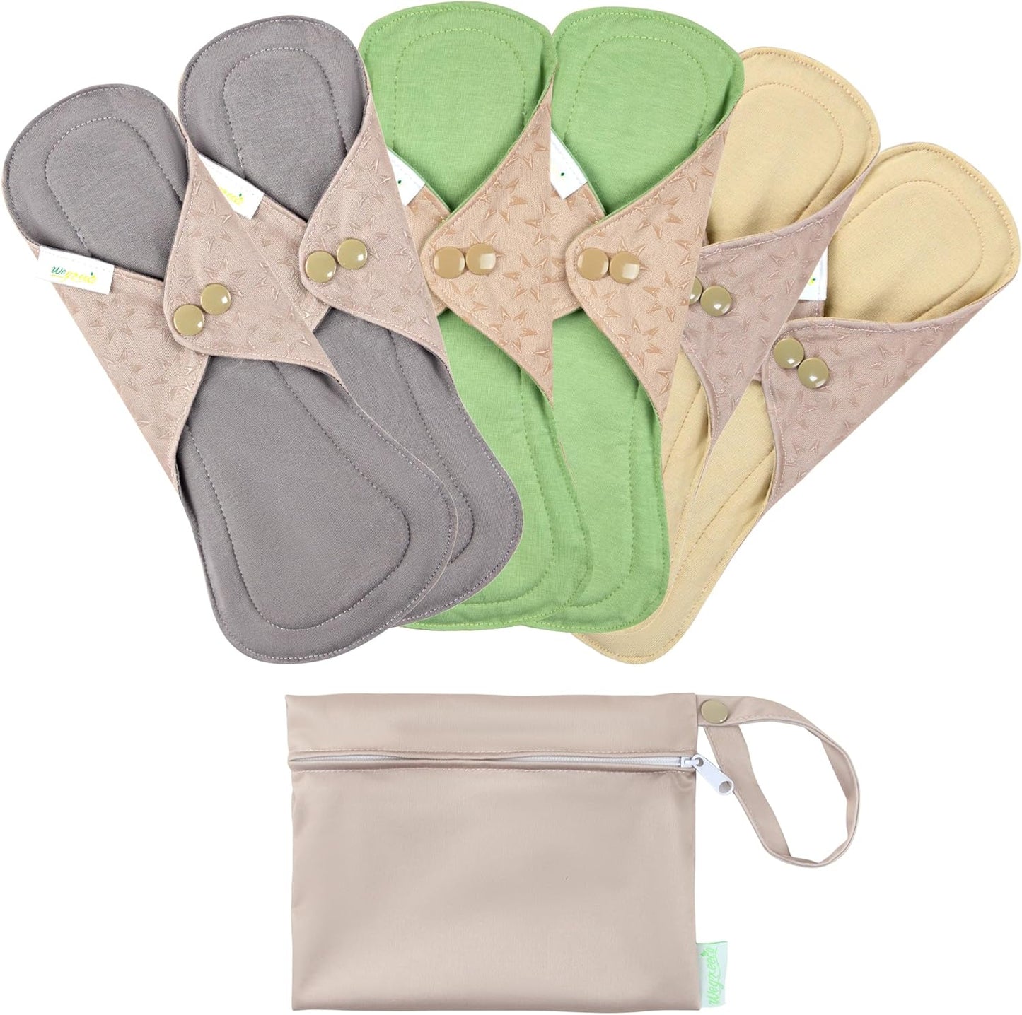 wegreeco 6 Pcs Reusable Menstrual Pads, Ultra Absorbent Cloth Pads for Heavy Flow, Sanitary for Teens,Women, Nonslip, Inner Mustard Yellow, Grey, Beige, Rose Gold Outer, XL