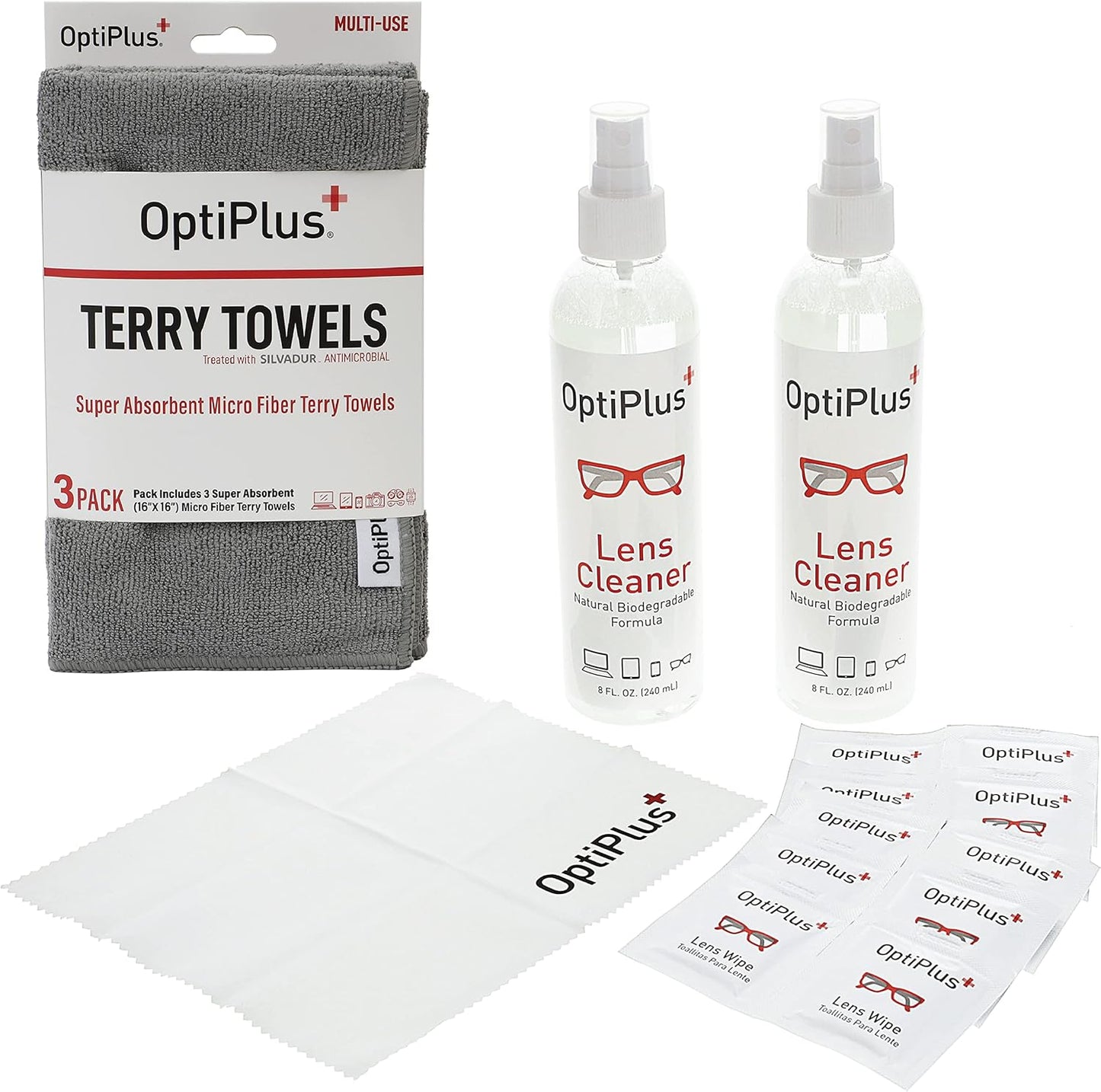 OptiPlus 16oz All Natural Lens and Screen Cleaning Pack, Lens Wipes, Microfiber Cloth and 16 x 16 Microfiber Terry Towel 3 Pack (Grey)
