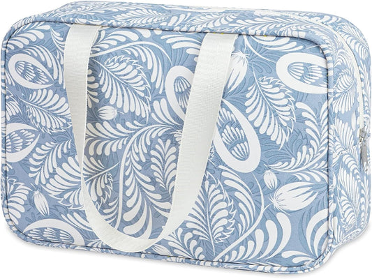 Full Size Toiletry Bag Women Large Cosmetic Bag Travel Makeup Bag Organizer Medicine Bag for Toiletries Essentials Accessories (Large, Blue Leaf)