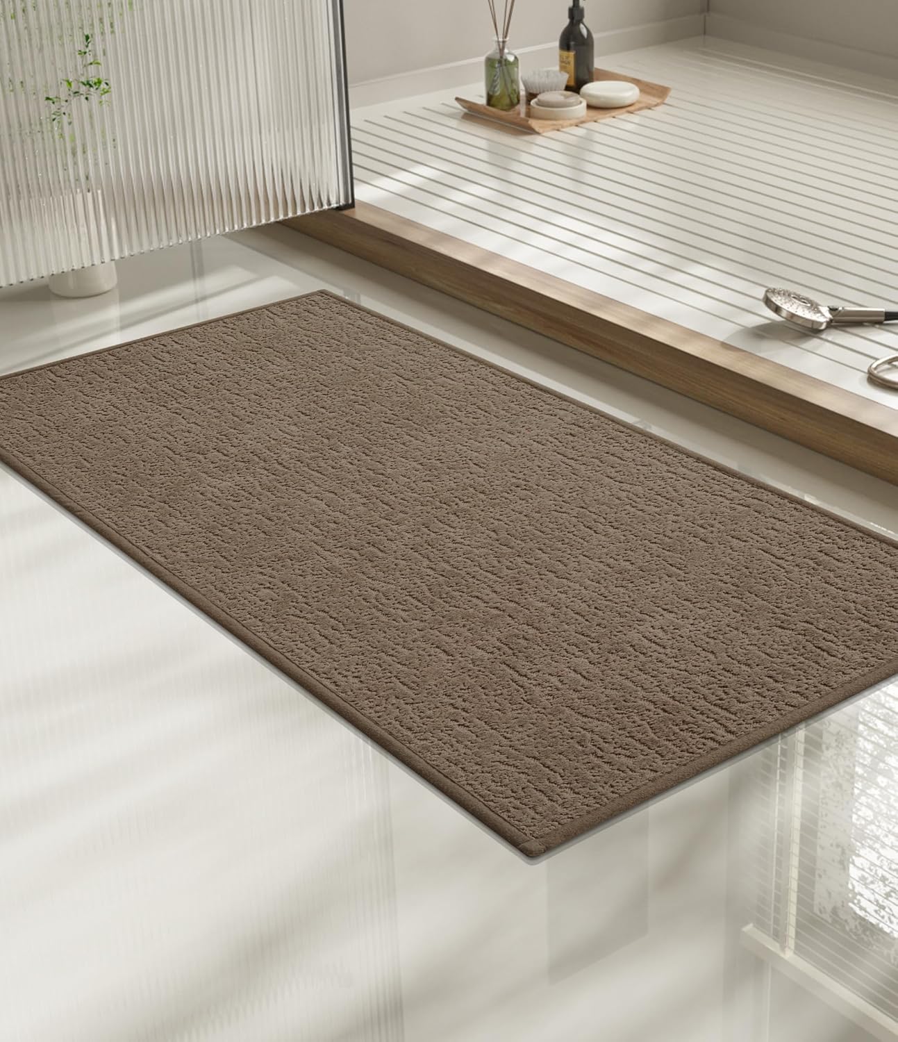 chakme Bathroom Rugs Mat 32x17, Ultra Thin Non Slip Bath Mat Quick Dry Absorbent Bath Mat for Bathroom Floor, (Coffee, 32"x17")