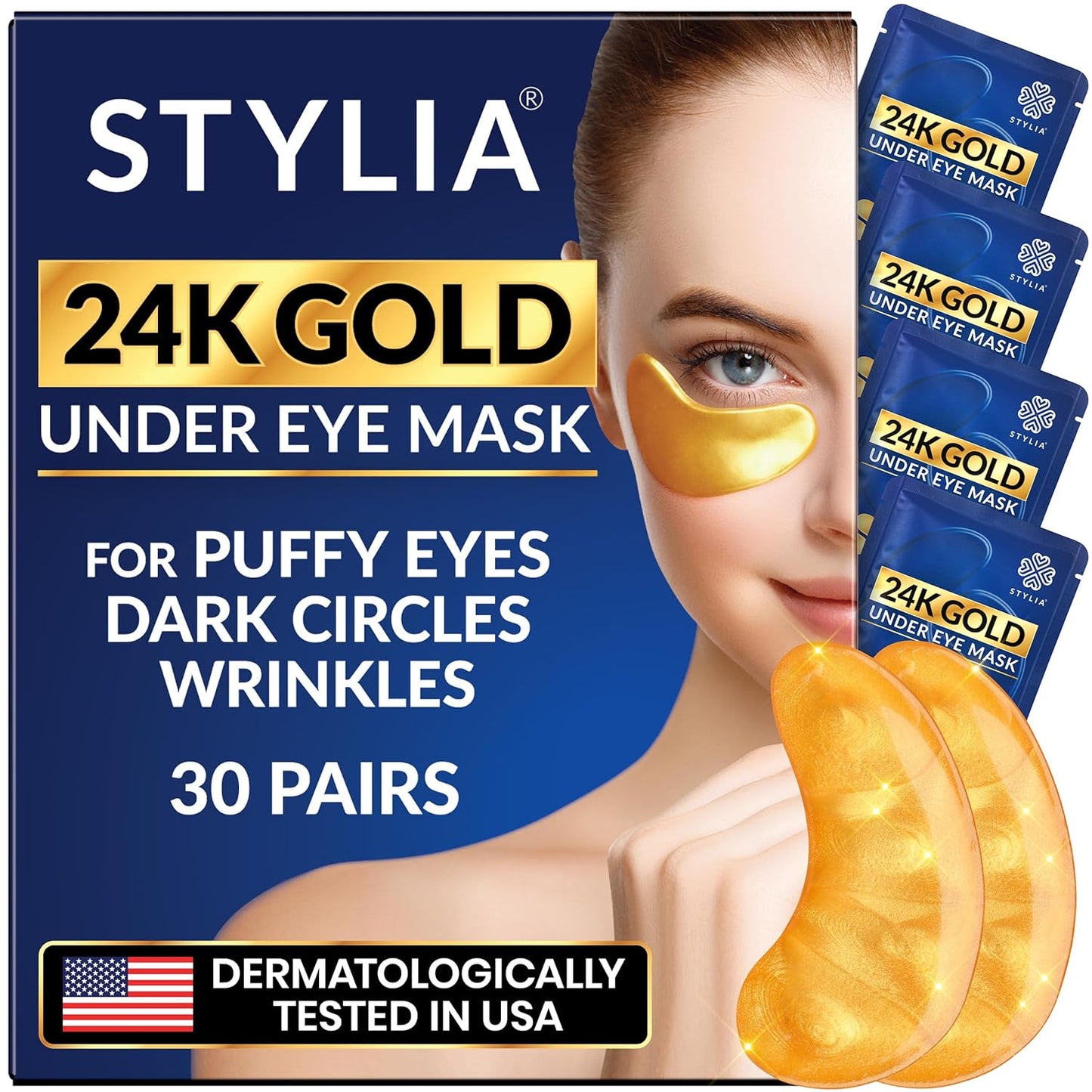 Stylia Under Eye Patches for Puffy Eyes and Dark Circles (30 Pairs) - 24k Gold Under Eye Mask with Vitamin C, Hyaluronic Acid, Pearl Extract - Eye Masks for Dark Circles and Puffiness