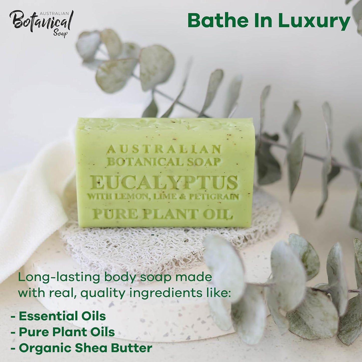 Australian Botanical Soap, 6.6 OZ, Eucalyptus, Lemon, Lime, and Petitgrain, Triple Milled Bars made with a Natural Soap Base and Enriched with Organic Shea Butter, Pack of 8