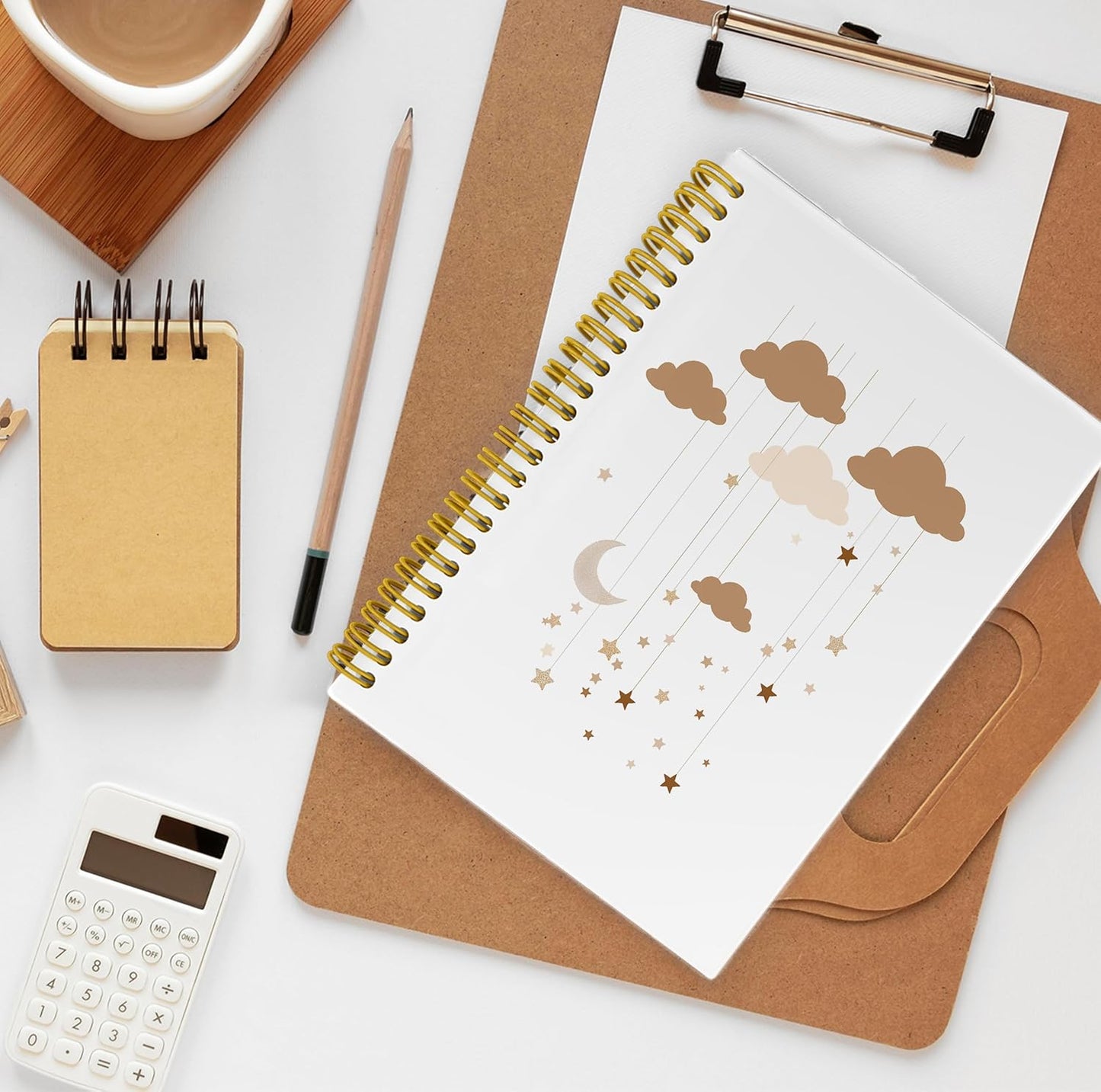 Cute Boho Moon Stars Cloud Notebook Journal, Cute Notebooks for Office, Boho Office Supplies, Notebooks for Work Note Taking, Spiral Notebook 5.5x8.3 with 164 Pages